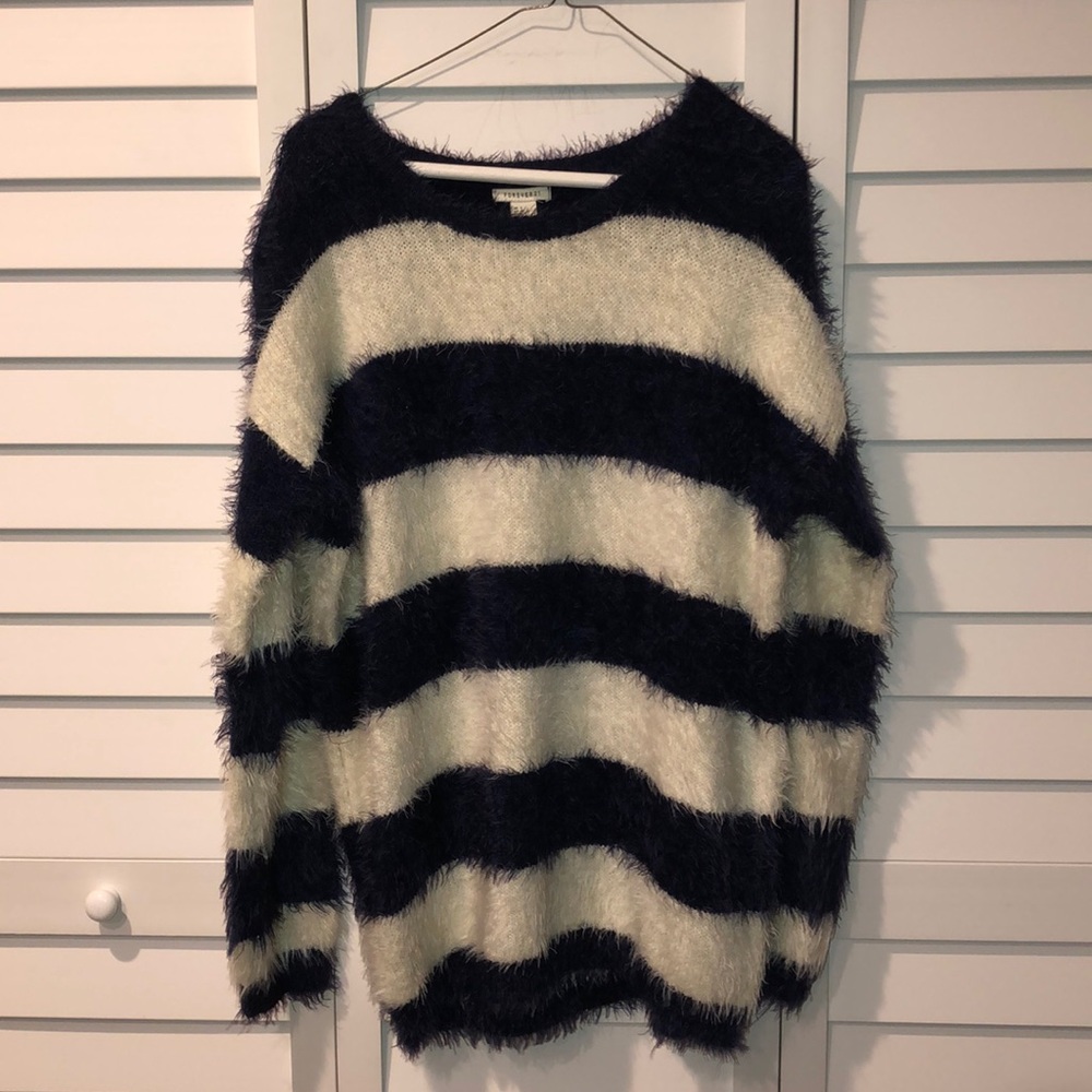 Forever 21 navy blue & cream fuzzy striped sweater